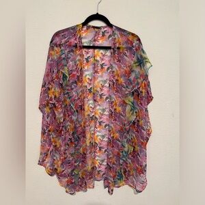 STEVE MADDEN Ruffled Exotic Floral Ruana Pink Bathing Suit Coverup